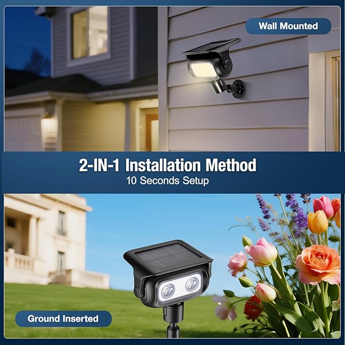 Solar Lights Outdoor, Motion Sensor Outdoor Solar Spotlights Waterproof, Outside Wall Lights, Outdoor Lights Solar Powered for Garden/Patio/Yard/Lawn/Backyard, Warm Yellow Light, 2 Packs