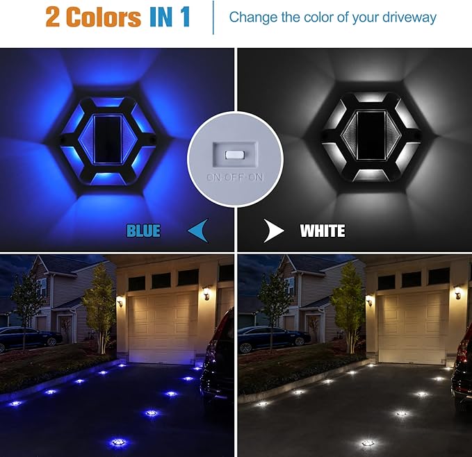 VOLISUN Solar Dock Lights Driveway Deck Lights, 12-Pack Waterproof Outdoor LED Aluminum Dock Lighting Warning Step for Driveway Sidewalk Garden Pathway Yard(Blue+White,2 Colors in 1), Auto On/Off