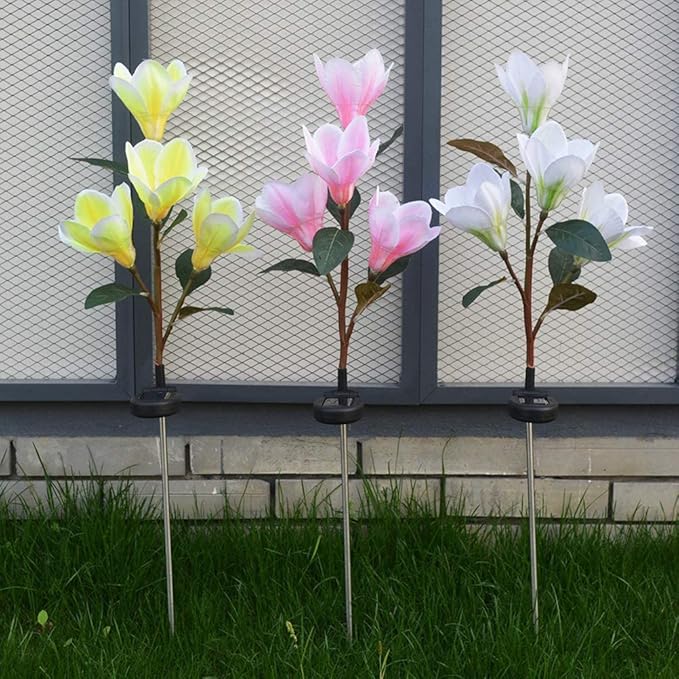 Solar Garden Lights Solar Light Outdoor, Magnolia Flower Lamp Stick Lamp 4 Forks Garden Ground Lamp for Home (Pink Magnolia White Light) (Color : Pink)