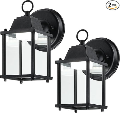 LIT-PaTH Outdoor LED Wall Lantern, Wall Sconce as Porch Lighting Fixture, 5000K Daylight White, 9.5W 800 Lumen, Aluminum Housing Plus Glass, Black Finish, 2-Pack