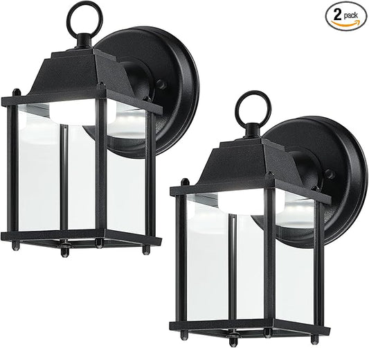 LIT-PaTH Outdoor LED Wall Lantern, Wall Sconce as Porch Lighting Fixture, 5000K Daylight White, 9.5W 800 Lumen, Aluminum Housing Plus Glass, Black Finish, 2-Pack