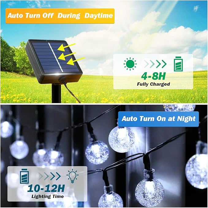 Solar Lights Outdoor Waterproof, 2 Pack Total 200LED 110FT Solar String Lights for Outside with 8 Modes, Outdoor String Lights Crystal Globe Patio Lights for Garden Yard Party Decor(Warm White)