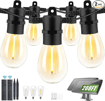 208FT(196+12) Solar String Lights Outdoor Waterproof, Solar Powered Patio Light with 60+3 Dimmable S14 Edison Bulbs Shatterproof & Remote Control, Solar String Lights for Outside Garden Backyard