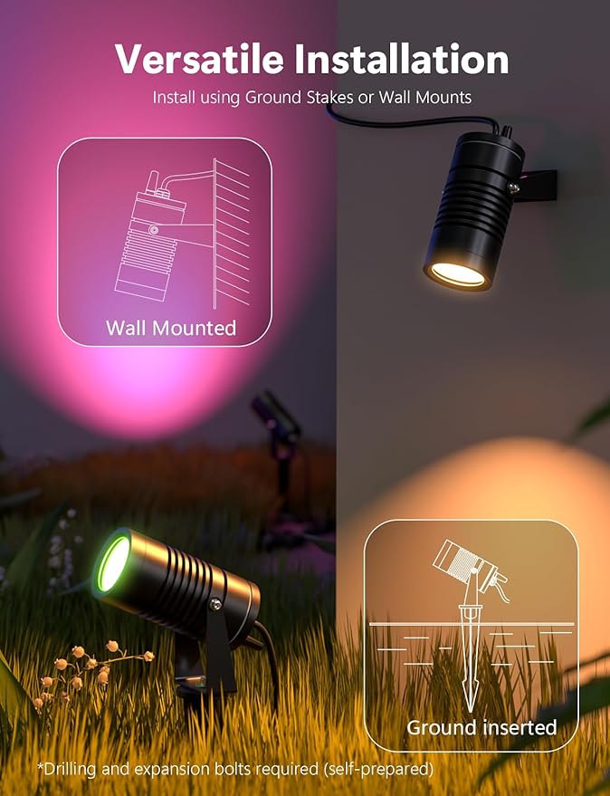 Smart Landscape Lights, APP Controlled RGBCW Color Changing Spot Lights, IP65 Waterproof 24V Low Voltage Outdoor | Lumora