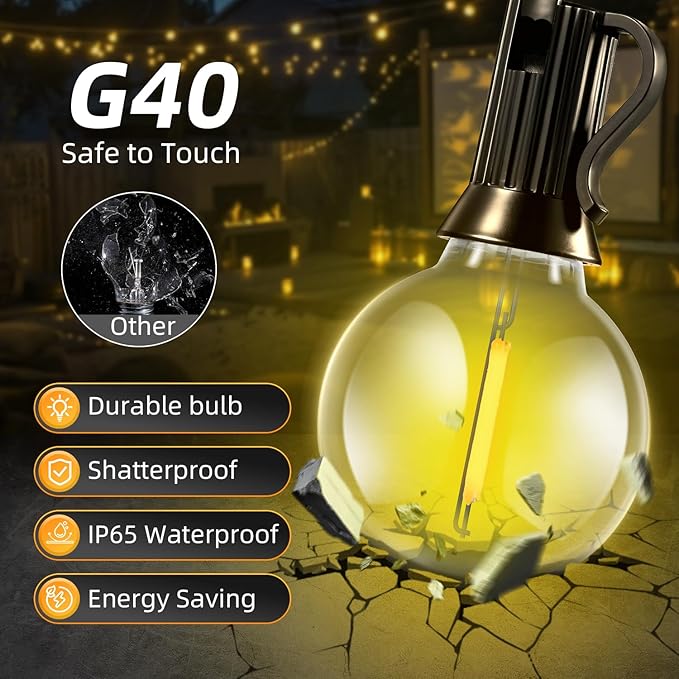 100FT Solar Lights Outdoor Waterproof: G40 30M Shatterproof Bulbs Patio Lights - Solar Powered Remote Control 3 | Lumora