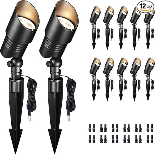 Landscape Spot Lights Outdoor - Warm & Cool White Low Voltage Spotlights Waterproof, 12V Adjustable White Accent Lights, All Metal Wired Aluminum, Black for Fountain Sign 12 Pack