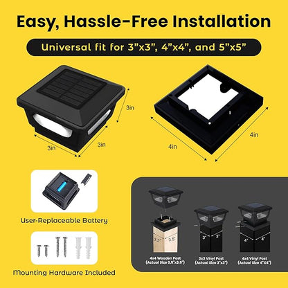 Brighticonic Solar Post Cap Lights Outdoor for 4x4, 3x3 – Auto On/Off Post Lights Solar Powered - Easy Install, IP65 Waterproof Deck & Fence Lights – Long Lasting Battery – 120 Lumen, CoolWhite - 4pck