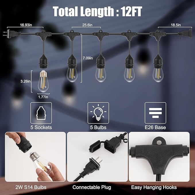 Waterproof Outdoor String Lights - 12Ft Commercial Grade Patio Lights Heavy Duty Light String Hanging Light Fixture with 11W S14 Bulbs for Deckyard Garden Porch Party Decor