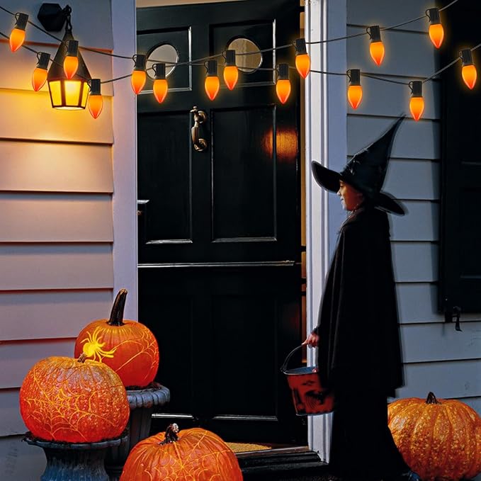 SUNSGNE C9 LED Halloween Orange String Lights 25FT Outdoor String Lights with 27 0.6W LED Plastic Bulbs(2 Spare) for Patio Garden Roofline Backyard Decorations, Black Wire