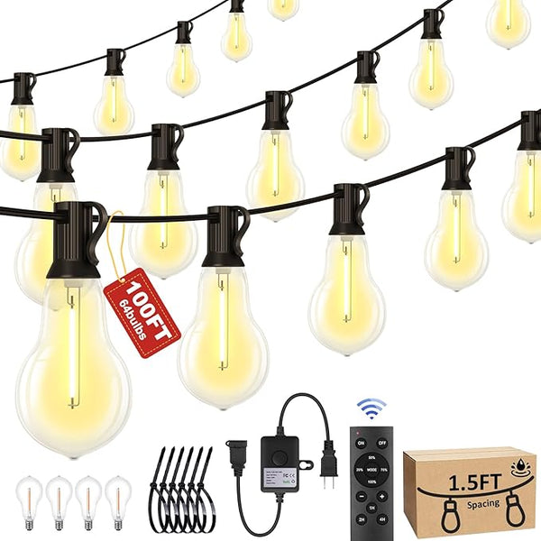 100FT Outdoor String Lights Waterproof with 64+4 Bulbs (1.5FT Bulbs Spacing), Remote & Dimmer, Commercial Patio | Lumora