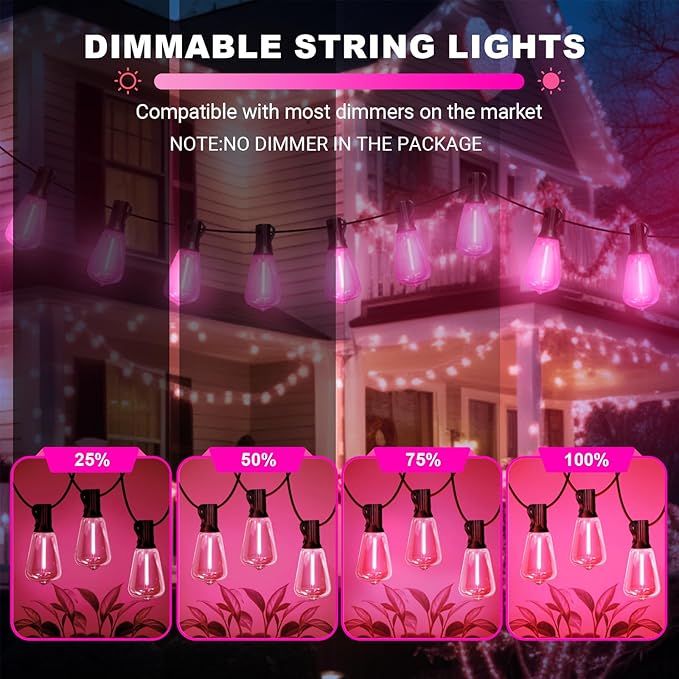 LAMPHOME 4-Pack 26Ft ST38 Outdoor String Lights, Pink LED Shatterproof Patio Lights with 12+1 Edison Bulbs for | Lumora