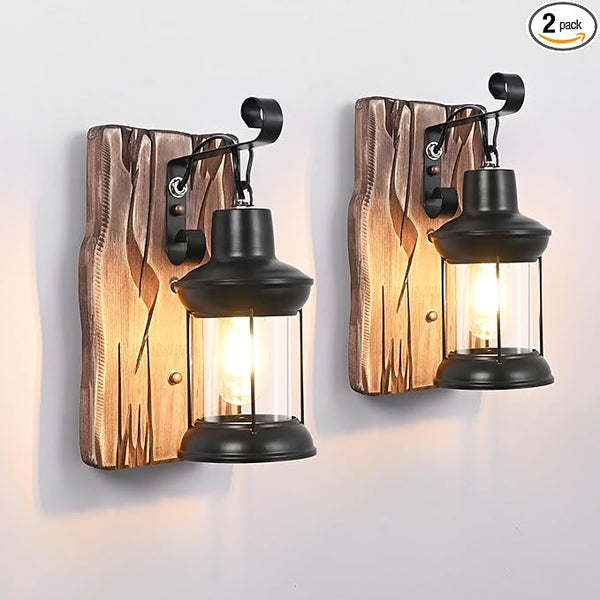 Rustic Wall Light Fixtures Vintage Wall Sconces Sets of 2 Farmhouse Antique Wooden Lamp with Clear Glass Indoor | Lumora