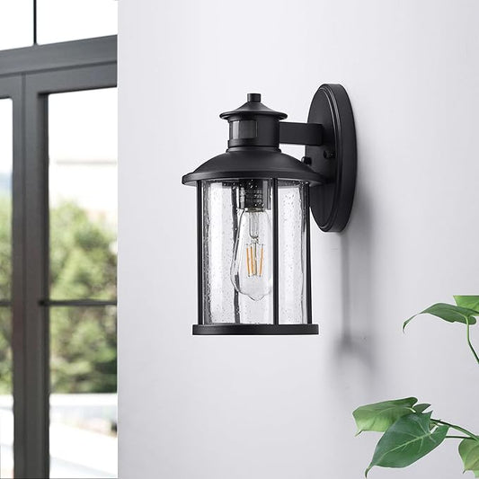MICSIU 11.5" Motion Sensor Outdoor Wall Light, 3-Mode Dusk to Dawn Exterior Fixture with Clear Seedy Glass, Matte Black Anti-Rust Porch Light, 100W Max Security Sconce for Front Door, Garage