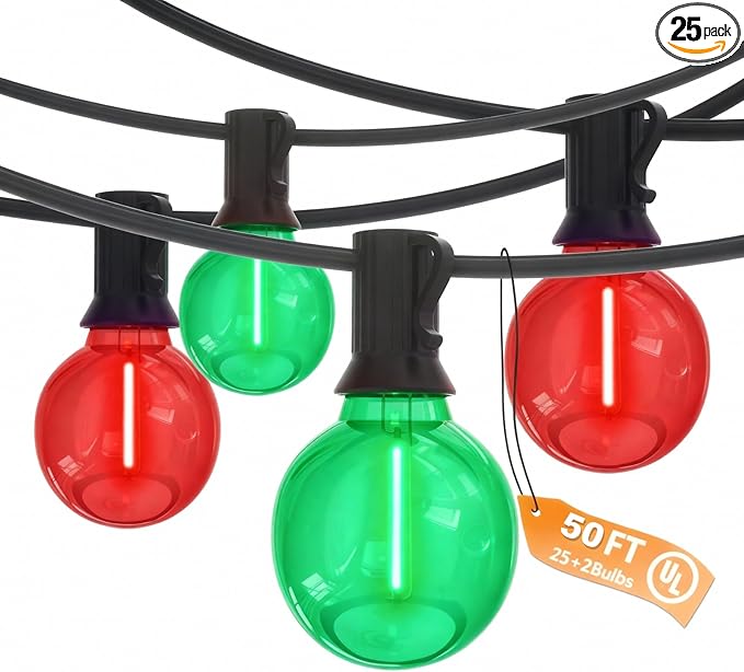 50Ft Clear Red and Green Outdoor LED Lights,G40 Globe Patio Christmas String Lights with 25 Colorful Bulbs(2 Spare),Outside Christmas Hanging Lights for Christmas Tree Roofline Holiday Party