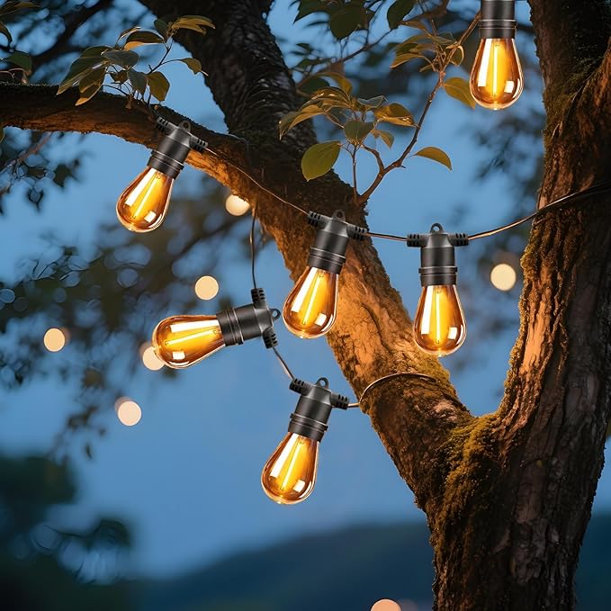 34ft S14 String Lights with 15 Golden Yellow Light Guide Column LED Bulbs – Shatterproof Waterproof E26 for Outdoor | Lumora