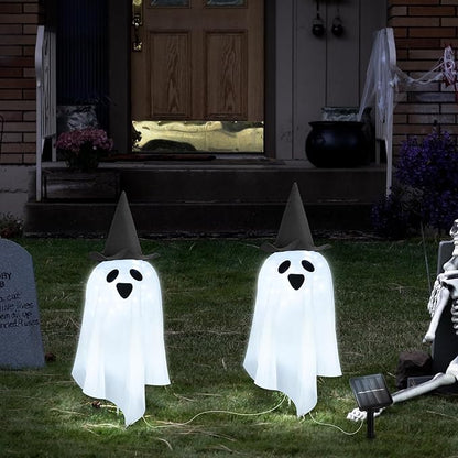 Solar Halloween Ghost LED Lights Outdoor, Set of 2 Big Ghost with Hat Stake Lights 2 Modes for Outdoor Halloween Pathway Yard Garden Decoration (Cool White-Ghost, 2 Pack)