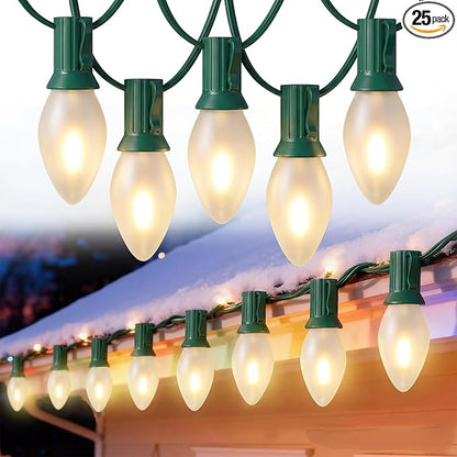 25FT C7 LED Christmas Lights,Frosted White LED C7 Christmas String Lights with 27 LED Bulbs,Commercial Hanging Lights Candle House Porch Balcony Party Decor