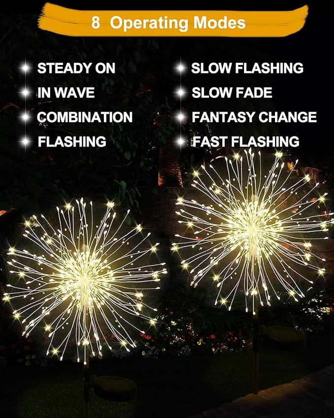 Solar Firework Lights Outdoor Waterproof 2Pcs 200 LED with 8 Modes DIY Stake Landscape Light for Outside Garden Yard Pathway Party Decor Christmas Decoration Solar Starburst Lights Warm White