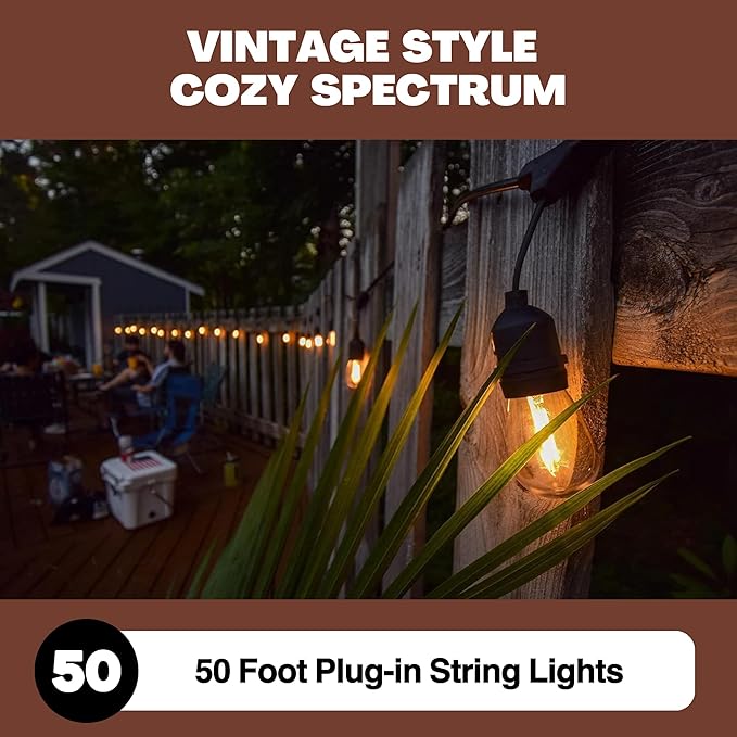 NorbSTRING 50FT LED String Lights – Plug-in Outdoor Weatherproof Lights, Cozy Candle-Like Warm White Glow, Shatterproof Commercial-Grade Bulbs for Patio, Backyard, Deck & Events, Energy-Efficient