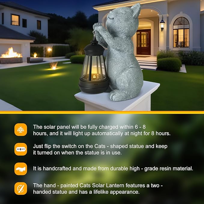 Solar Cat Garden Statue with LED Light - Cute Cat Figurine for Outdoor Decor, Weatherproof Resin Night Light for Yard Patio Lawn, Gift for Cat Lovers Women Mom Grandma