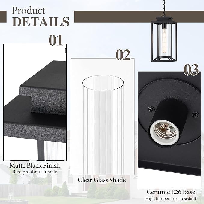 Outdoor Pendant Light, 14" Large Dusk to Dawn Outdoor Chandelier Lantern with Sensor, Black Modern Exterior Hanging Porch Light with Cylinder Glass, Adjustable Long Chain, OS-KY1002