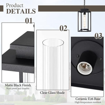 Outdoor Pendant Light, 14" Large Dusk to Dawn Outdoor Chandelier Lantern with Sensor, Black Modern Exterior Hanging Porch Light with Cylinder Glass, Adjustable Long Chain, OS-KY1002