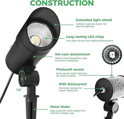 LOTMOS 30W LED Spot Lights Outdoor with Photocell Sensor, Dusk to Dawn Spotlights with 9.68FT Cord, 120V Plug in Ultra Bright Bullet Landscape Light for Flagpole Palm Tree Yard Lawn Statue (6000K)