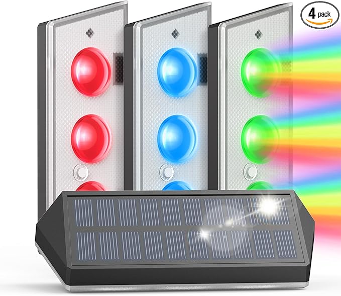 Solar Fence Lights Outdoor for Christmas Decorations, LED Deck Light Solar Powered for Outside Yard/Railing/Pathway/Patio/Step, IP65 Waterproof, 3 Lamp Beads, 8 RGB Colors, Auto ON/Off (4Pack)
