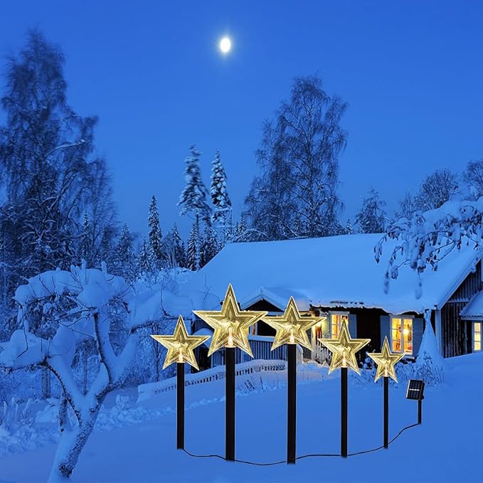 Solar Christmas Pathway Lights, 5 Pack Solar Christmas Decor Star Lights Outdoor Waterproof Stake Lights Garden Decorative Lights Walkway Lights for Landscape Yard Lawn Patio Wedding Party(Warm White)
