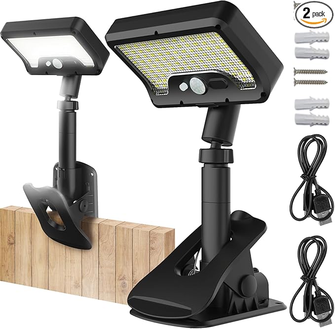 Pacify Clip On Solar Lights Outdoor, 92 LEDs 600LM 6000K Bright Solar Fence Lights with Motion Sensor, 360° Rotatable IP65 Waterproof 3 Modes Clamp Light for Deck Gutter Patio (2 Pack White Light)