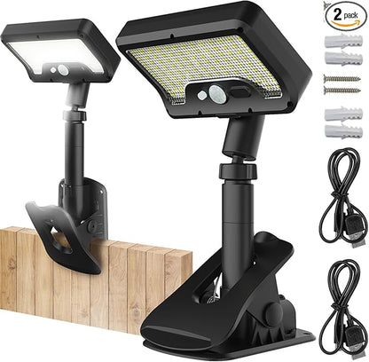 Pacify Clip On Solar Lights Outdoor, 92 LEDs 600LM 6000K Bright Solar Fence Lights with Motion Sensor, 360° Rotatable IP65 Waterproof 3 Modes Clamp Light for Deck Gutter Patio (2 Pack White Light)