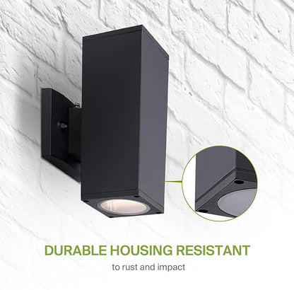 ASD 2 Light Square Dusk to Dawn Outdoor Wall Light Fixture | 120W E26 Bulb Socket 120V ETL Cylinder Up Down Lights | LED/CFL/Incandescent Bulb Wall Sconce | Front Door, Porch, Patio | Black