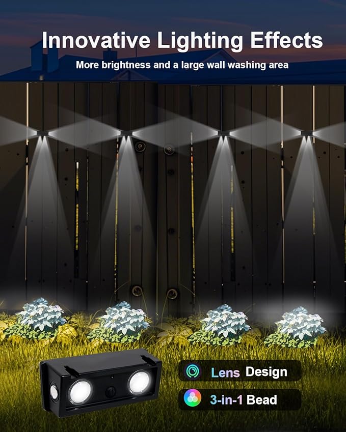 12 Pack 3-Side Solar Fence Lights Outdoor Waterproof with Cool White LED Spot Lens, for Wall, Deck, Patio, Yard | Lumora