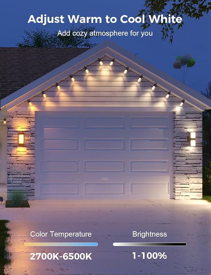 XMCOSY+ 96FT Smart Outdoor String Lights - RGBCWIC Dimmable Acrylic Bulbs, Color Changing LED Patio Lights APP WiFi | Lumora