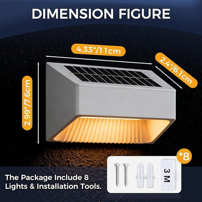 Outdoor Solar Lights, Warm White Decorative Solar Fence Lights, for Gardens, Swimming Pools, Decks, Fences, Patios, Front Doors, Stairs, Landscapes, Courtyards, and Driveway Paths, Pack of 8