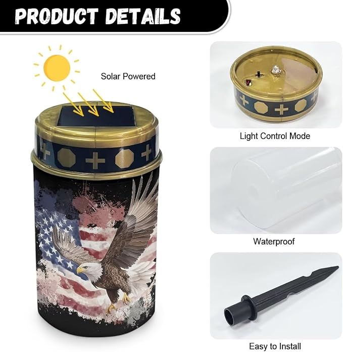 Poceacles 2 Pack Solar Lights Solar Cemetery Lights Solar Grave Lights Outdoor Waterproof Decoration Pathway Lights Garden Solar Candle for Memorial Day Decor, Eagle American Flag Splatter