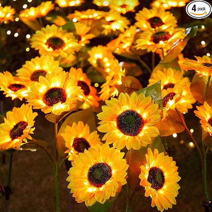 ZPSHYD Solar Sunflower Lights, IP65 Waterproof Outdoor Garden Auto ON/Off Solar Decorative Lights for Backyard, Flower Bed, Pathway, Porch, with 12 Lights (4PCS 3 Heads Sunflower)