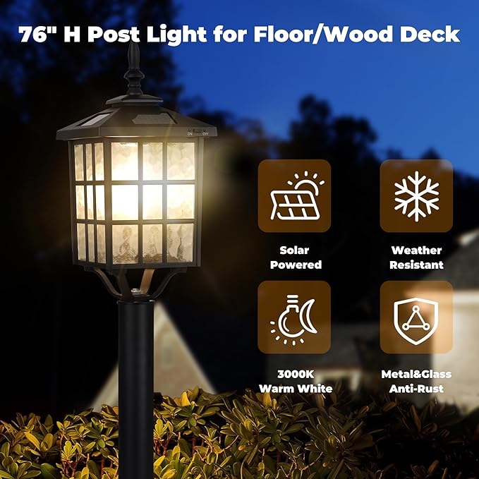 Kemeco Solar Lamp Post Light, ST4324SS4 Outdoor Waterproof LED Street Floor Post Lights Solar Powered for Pathway Garden Driveway Landscape Backyard