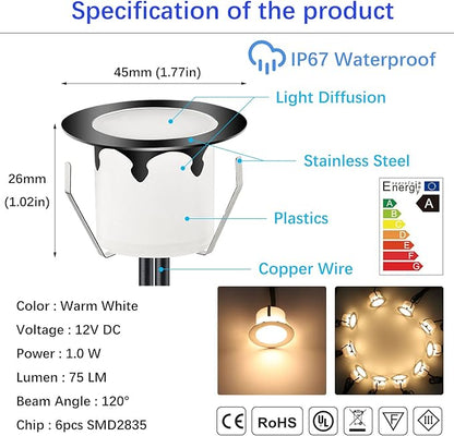 LED Outdoor Deck Lights Kits with Photocell, Φ1.77in Warm White 20 Pack Black, Low Voltage 12 Volt IP67 Waterproof, Electric Wired Recessed Stair Step Riser Landscape Lighting for Exterior Yard