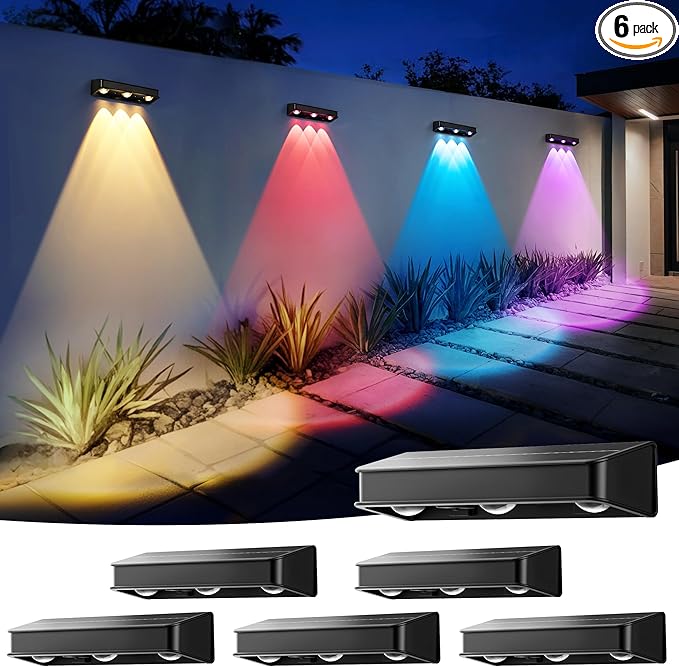 Solar Wall Lights,100 LM Color Changing Solar Fence Lights Outdoor Solar Powered with Ultra-Bright LED Lens 1200 mAh Waterproof IP65 for Christmas Halloween Patio Yard Backyard 6 Pack (RGB)