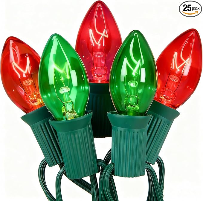 C7 Red Green Christmas Lights Outdoor, 25Ft Vintage Christmas String Lights with 27 Clear Red Green Ceramic Bulbs, Waterproof Connectable Christmas Decorations for House, Xmas Tree, Garden, Yard