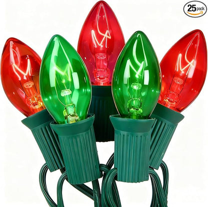 C7 Red Green Christmas Lights Outdoor, 25Ft Vintage Christmas String Lights with 27 Clear Red Green Ceramic Bulbs, Waterproof Connectable Christmas Decorations for House, Xmas Tree, Garden, Yard