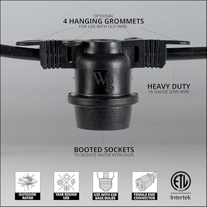 Wintergreen Lighting 100-ft 50 Socket E26 Commercial Patio Light Stringer, Heavy Duty Weatherproof SJTW Black Wire, 24" Spacing, 16 Gauge Wire, Stringer Only