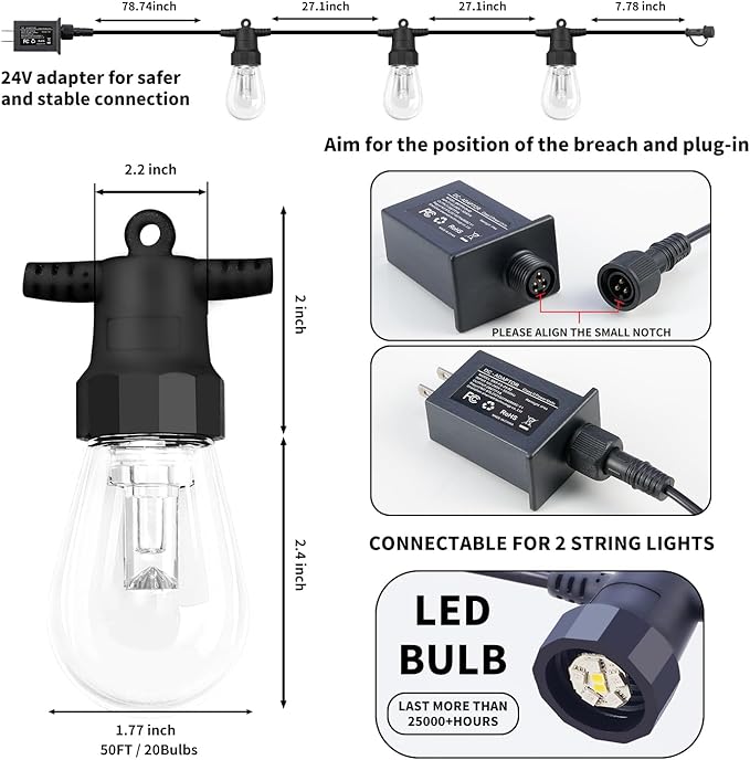 Outdoor String Lights 50FT, Outdoor Lights for Patio with 20 Dimmable RGBW LED Bulbs, IP66 Waterproof Shatterproof | Lumora