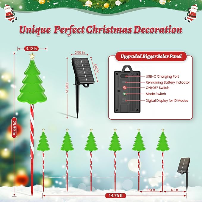 KOOPER Christmas Decorations Outdoor Solar Christmas Tree Candy Cane Stake Lights, 6 Pack Brighter 102 LED Solar Christmas Pathway Lights Outdoor, 10 Modes Christmas Decorations for Indoor Yard
