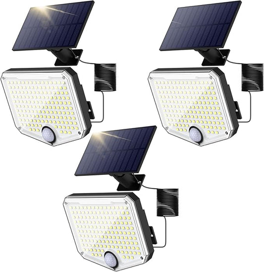 MoKo Motion Sensor Outdoor Lights - 222 LED Super Bright Solar Lights Outdoor with Remote Control & 16.4 Ft Cable 3000mah Waterproof Flood Lights Outdoor for Wall Patio Yard Garage Garden, 3 Pack