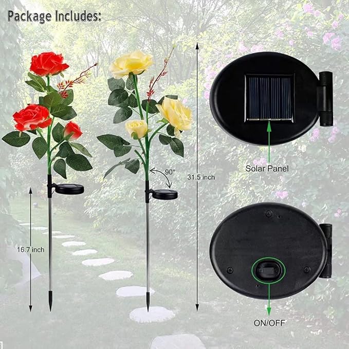 Solar Lights Outdoor Garden Decorations Solar Rose Flower Lights with 6 Rose Flowers Waterproof for Garden Patio Yard Pathway Decorations 7 Colors Changing (2 Pack)