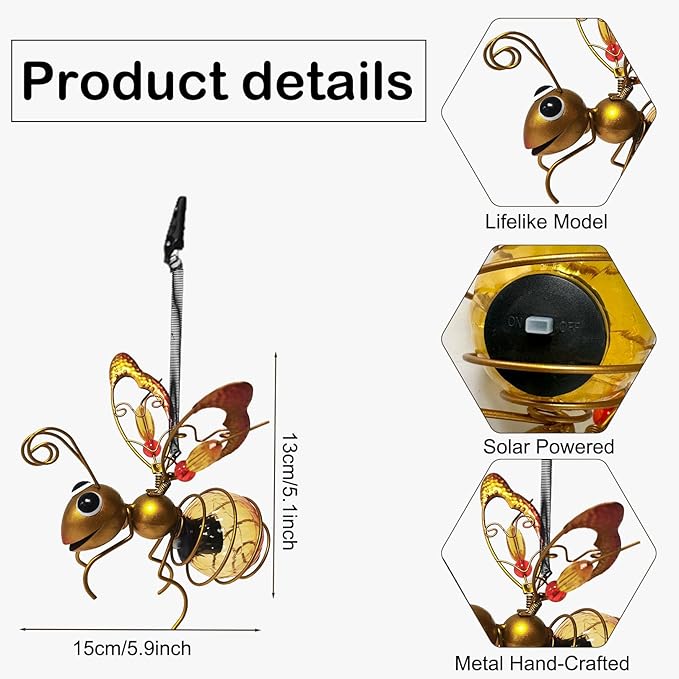3 Pcs Waterproof Solar Hanging Bee Lights, Metal Bumblebee Figurine LED, Outdoor Garden Balcony Porch Spring Holiday Party Decoration