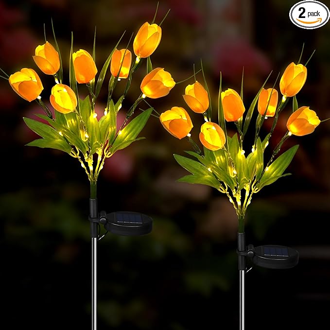 Aolyty Solar Garden Lights Outdoor, Solar Tulip Lights 2 Pack with 14 Tulip Flowers, IP65 Waterproof LED Stake Light for Pathway Patio Yard Landscape Decorative (Yellow)