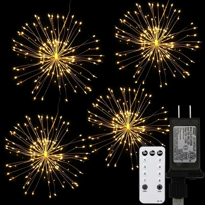 Remote Firework Led Copper Wire Starburst Lights, 4 Connection Total 480 LED Fairy Twinkle String Lights, 8 Modes With Remote Control, Dimming, Timer (Warm White)